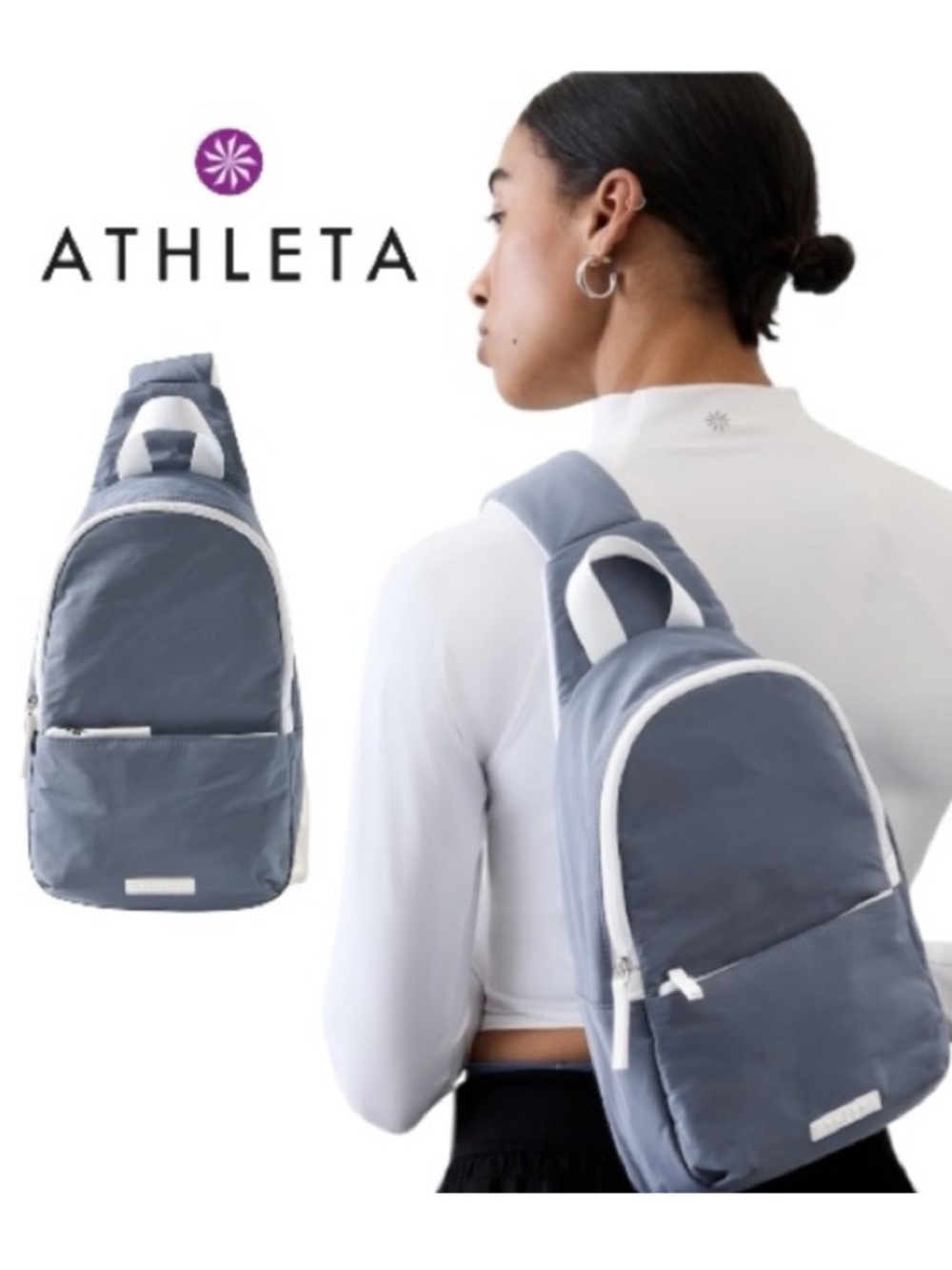 Athleta Slate Blue Mini Sling Backpack with White Trim